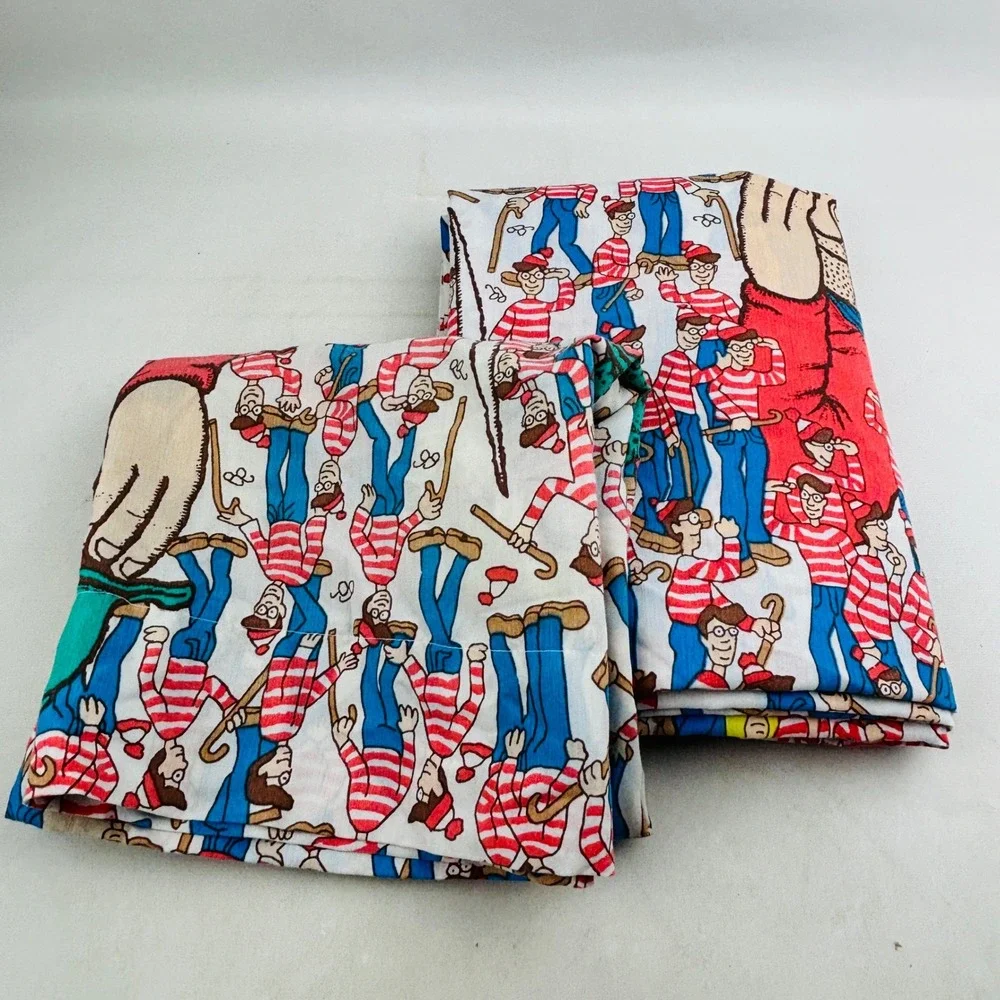 Vintage Where's Waldo Twin Flat Sheet Pillowcase Giant Dragon Springs 1990 Flaws